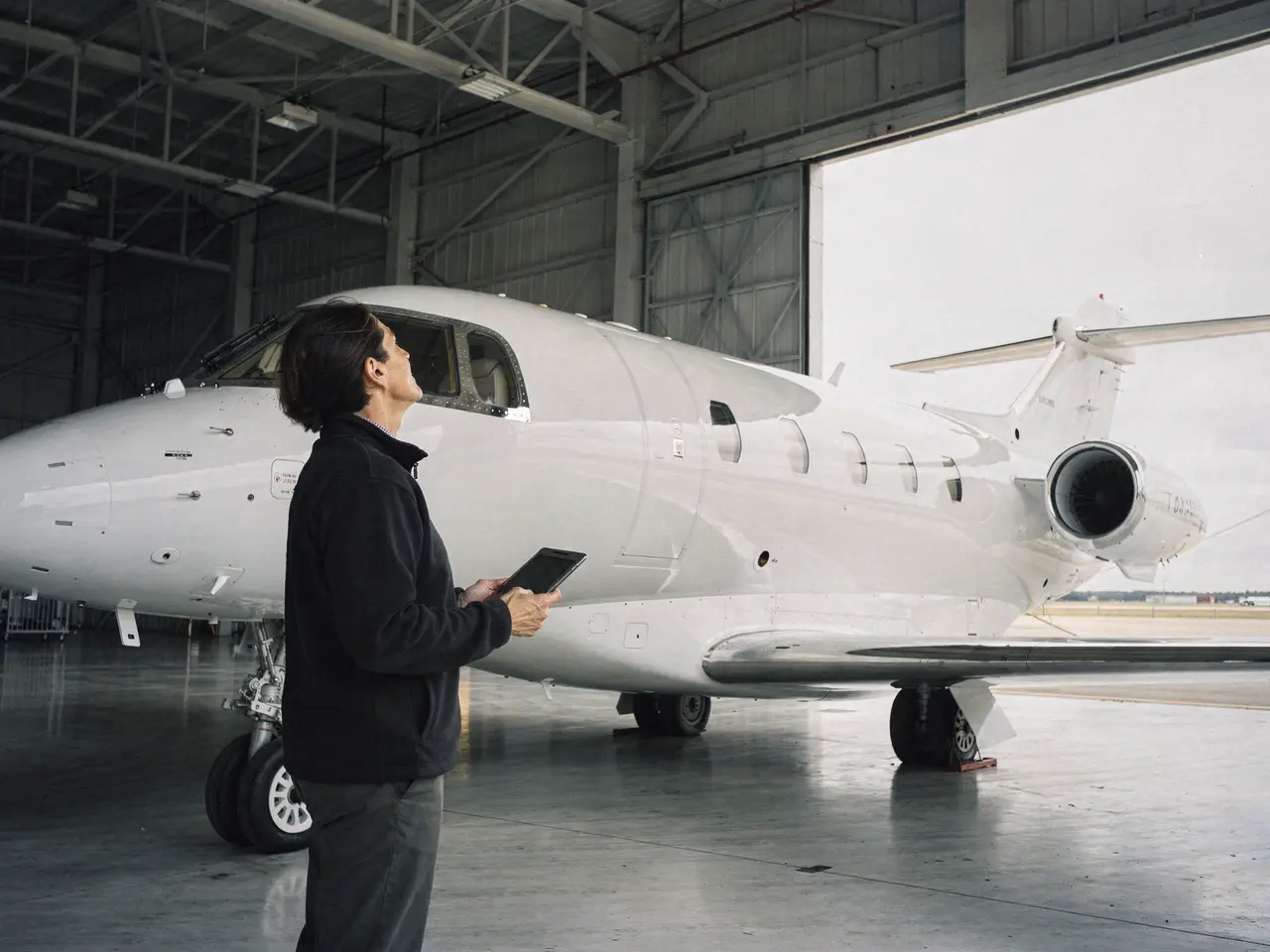 A flight department manager reviewing records on a tablet beside a business jet in a hangar.