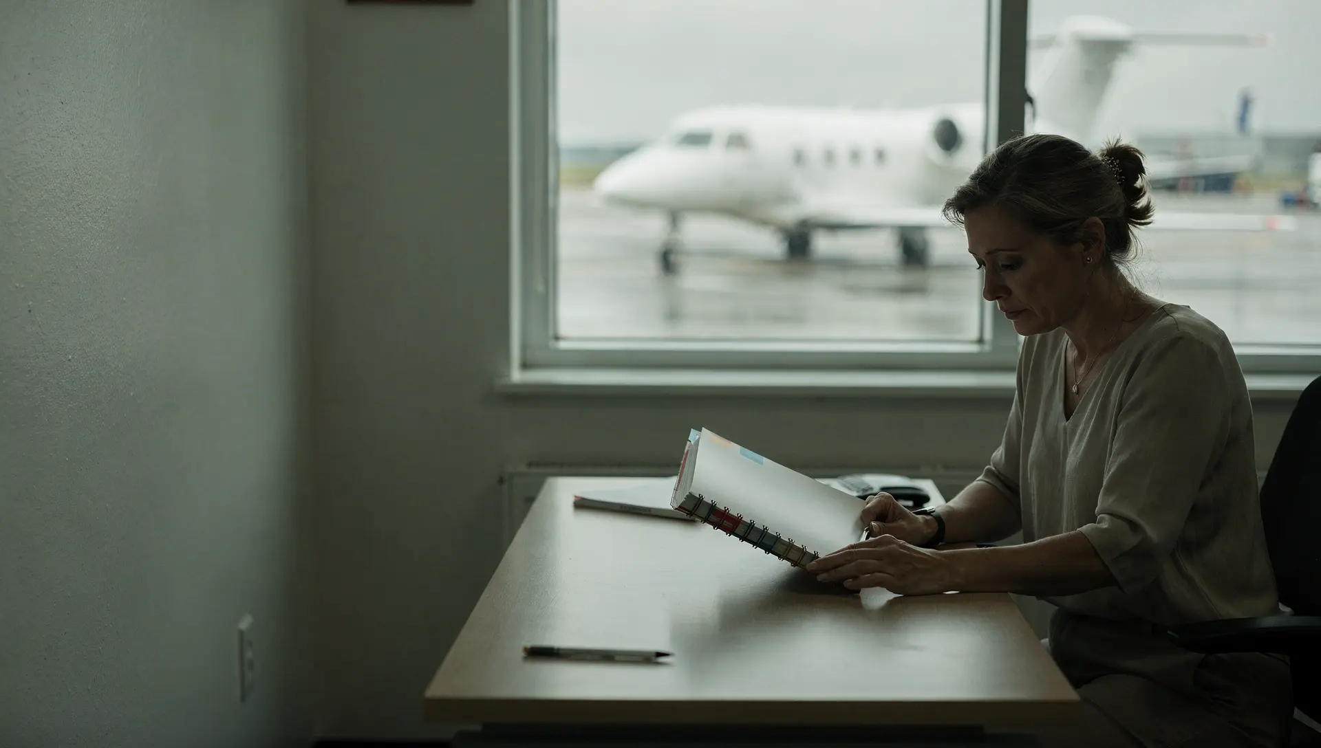 A director of operations reviewing a printed manual at a desk, with a business jet on the ramp outside the window.