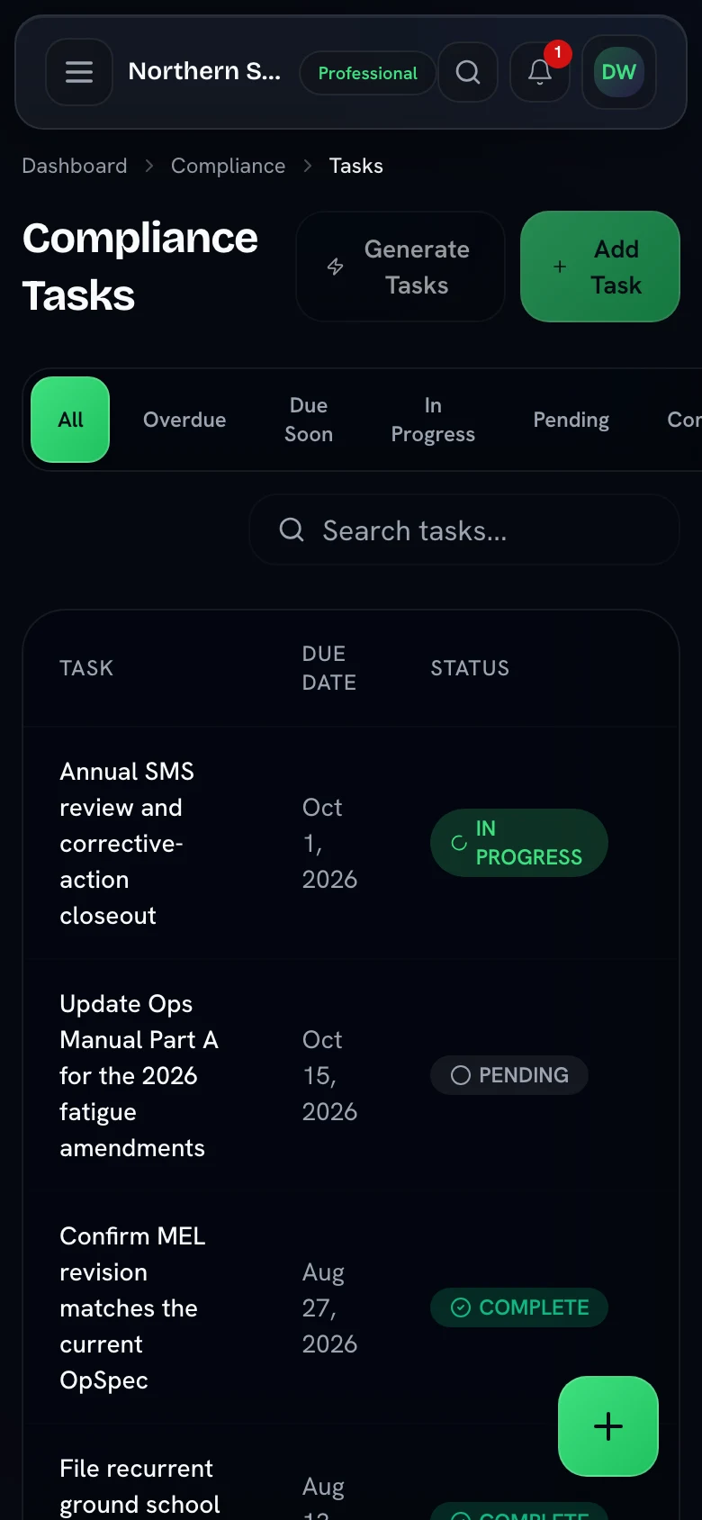 Compliance tasks on a phone, each with its due date and status.
